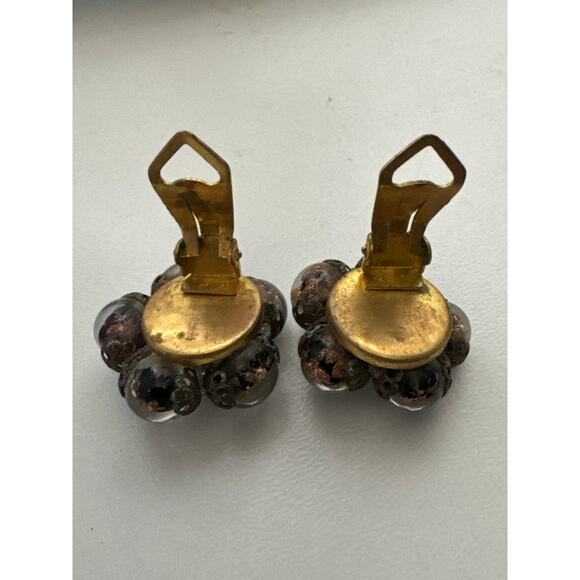 Vintage glass bead cluster clip earrings, brown marked made in Italy - Picture 11 of 12